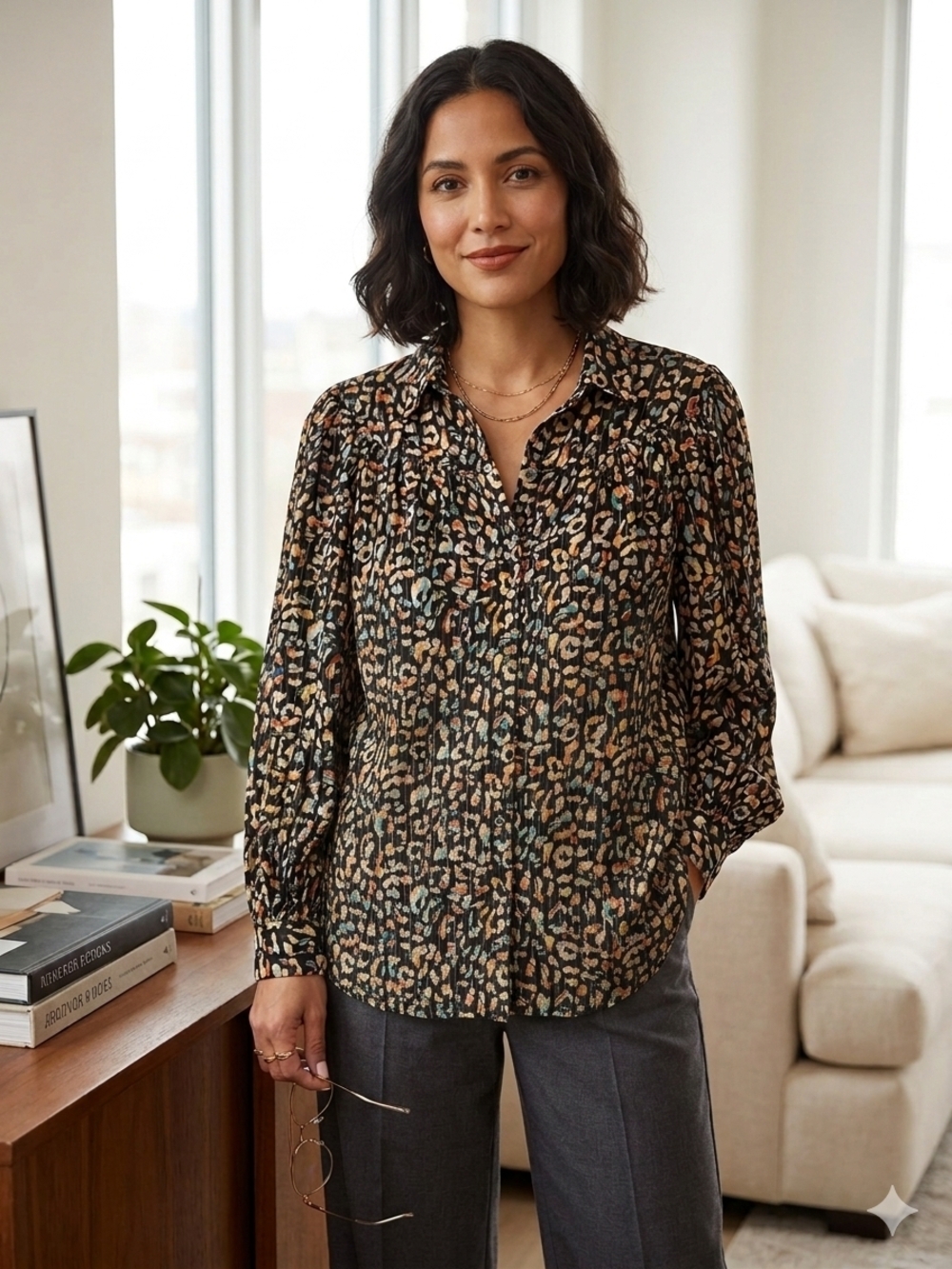 NWT Jane and Delancey Black Geometric Print Button Front Blouse Large